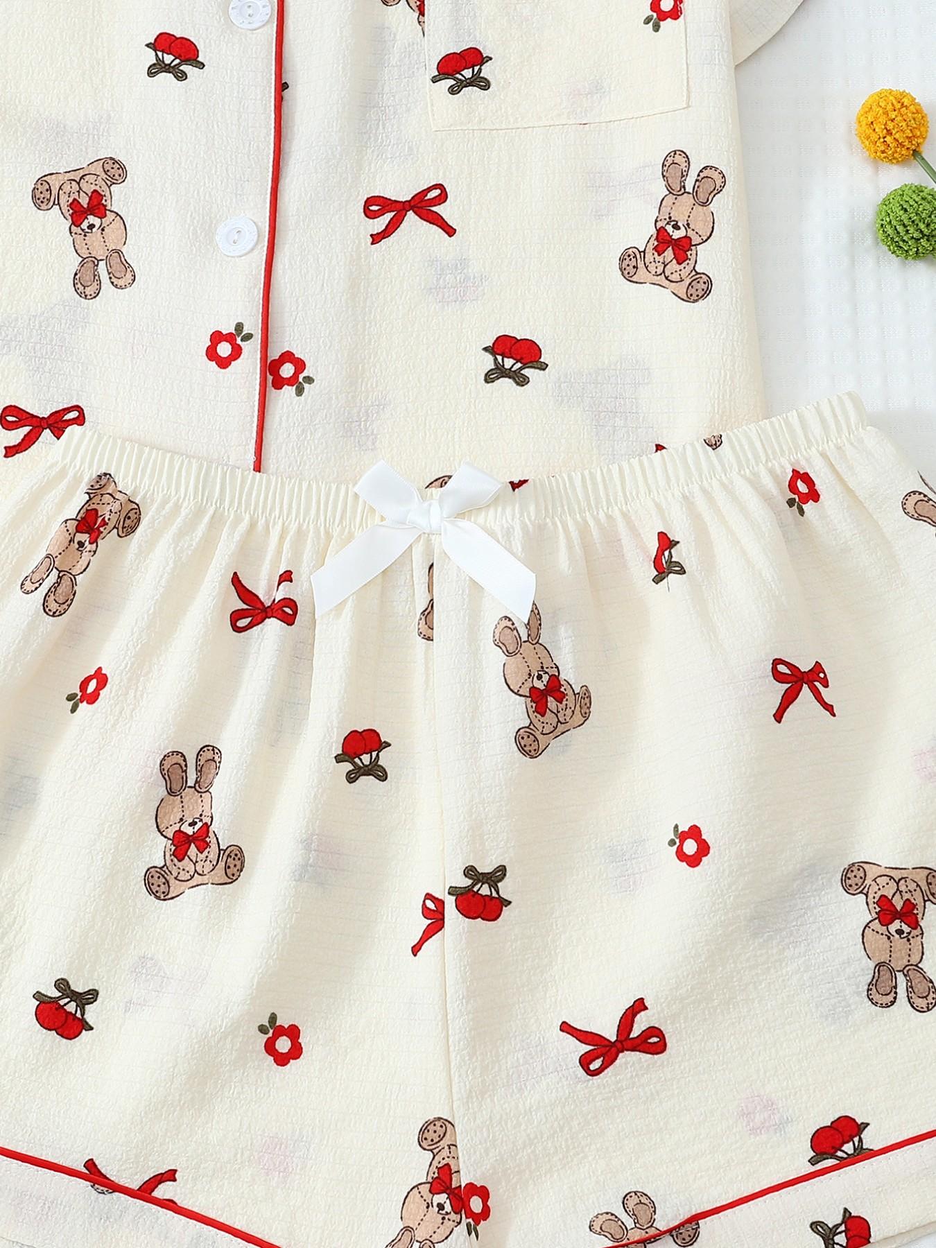 Women's Short Sleeve Button Down Top and Shorts Pajama Set, Spring Summer Wear, For Japanese Kawaii Sweet Girls, Cream Base Cute Bunny Bow & Floral Print, Classic Lapel Collar With Contrast Red Piping, Loose Fit, Comfortable For Home & Going Out