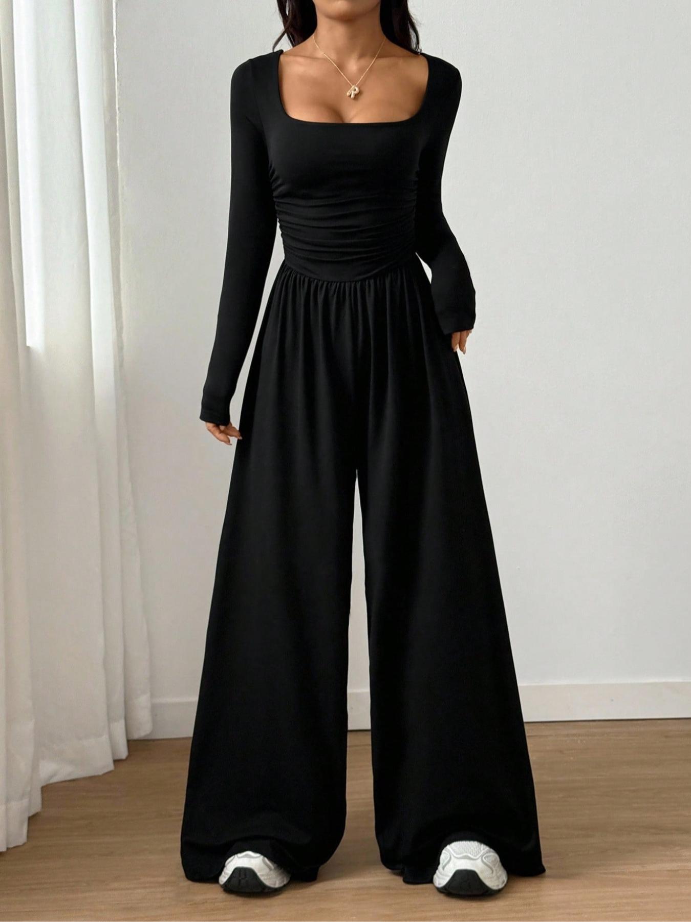 Women's Fall Winter Knit Fitted Wide Leg Jumpsuit, Casual Fashion Plain Color Round Neck One-Piece, Versatile Long Sleeve Romper