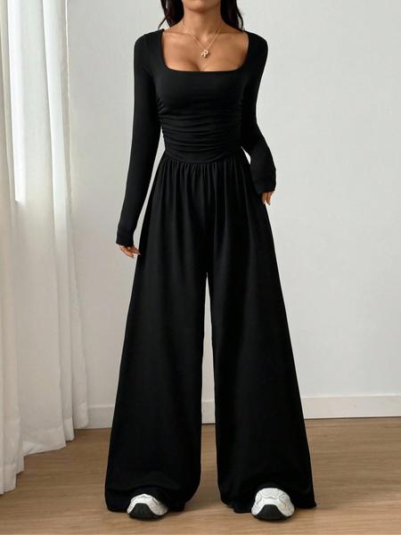 Women's Fall Winter Knit Wide Leg Jumpsuit, Casual Fashion Plain Color Round Neck One-Piece, Versatile Long Sleeve Romper