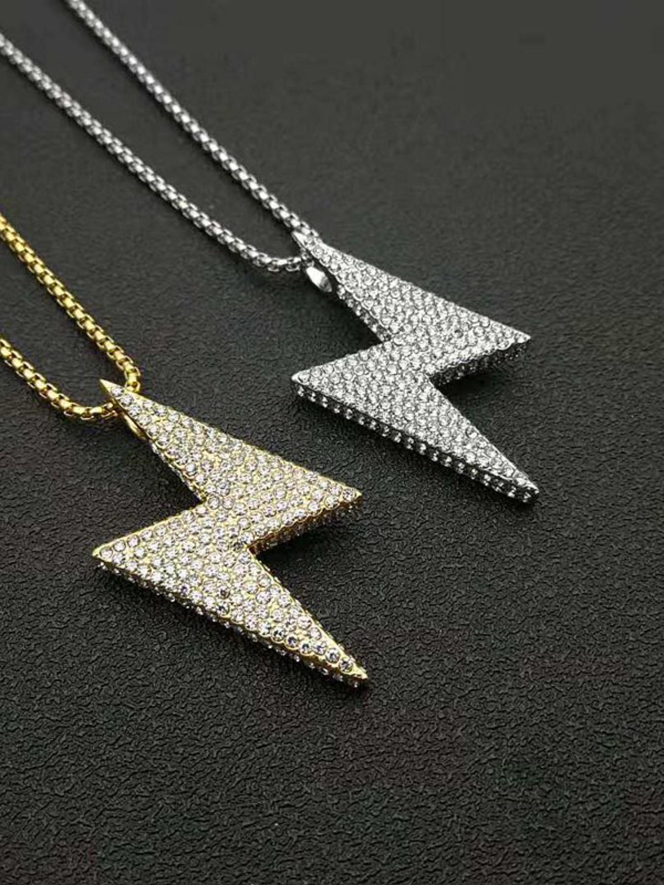 Hip Hop Stainless Steel Jewelry, Titanium Gold Plated Full Diamond Lightning Couple Pendant Necklace, Trendy Fashion Accessory