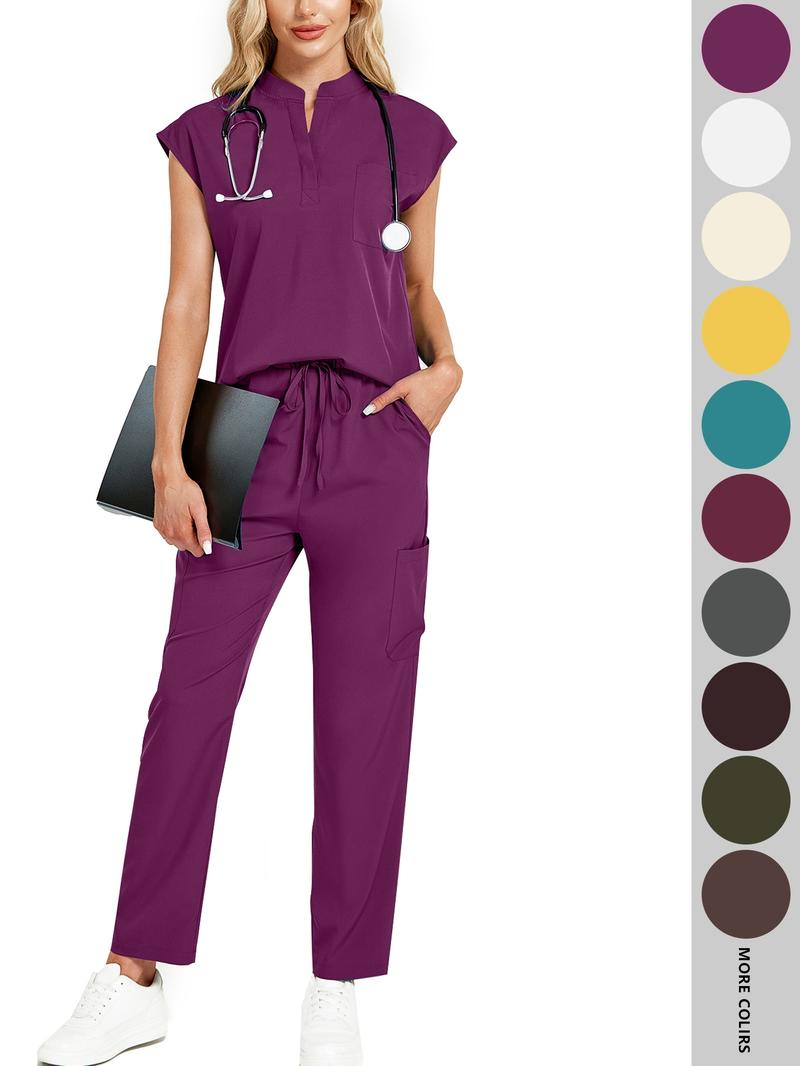 Cimmuovere Women's Solid Notched Neck Batwing Sleeve Top & Drawstring Waist Pants Two-Piece Scrub Set, Casual Cap Sleeve Top & Pocket Trousers for Summer, Vital Scrub Top, Women's Uniforms for Work, Medical Scrub Sets Cimmuovere Women's Solid Notched Neck Batwing Sleeve Top & Drawstring Waist Pants Two-Piece Scrub Set, Casual Cap Sleeve Top & Pocket Trousers for Summer, Vital Scrub Top, Women's Uniforms for Work, Medical Scrub Sets