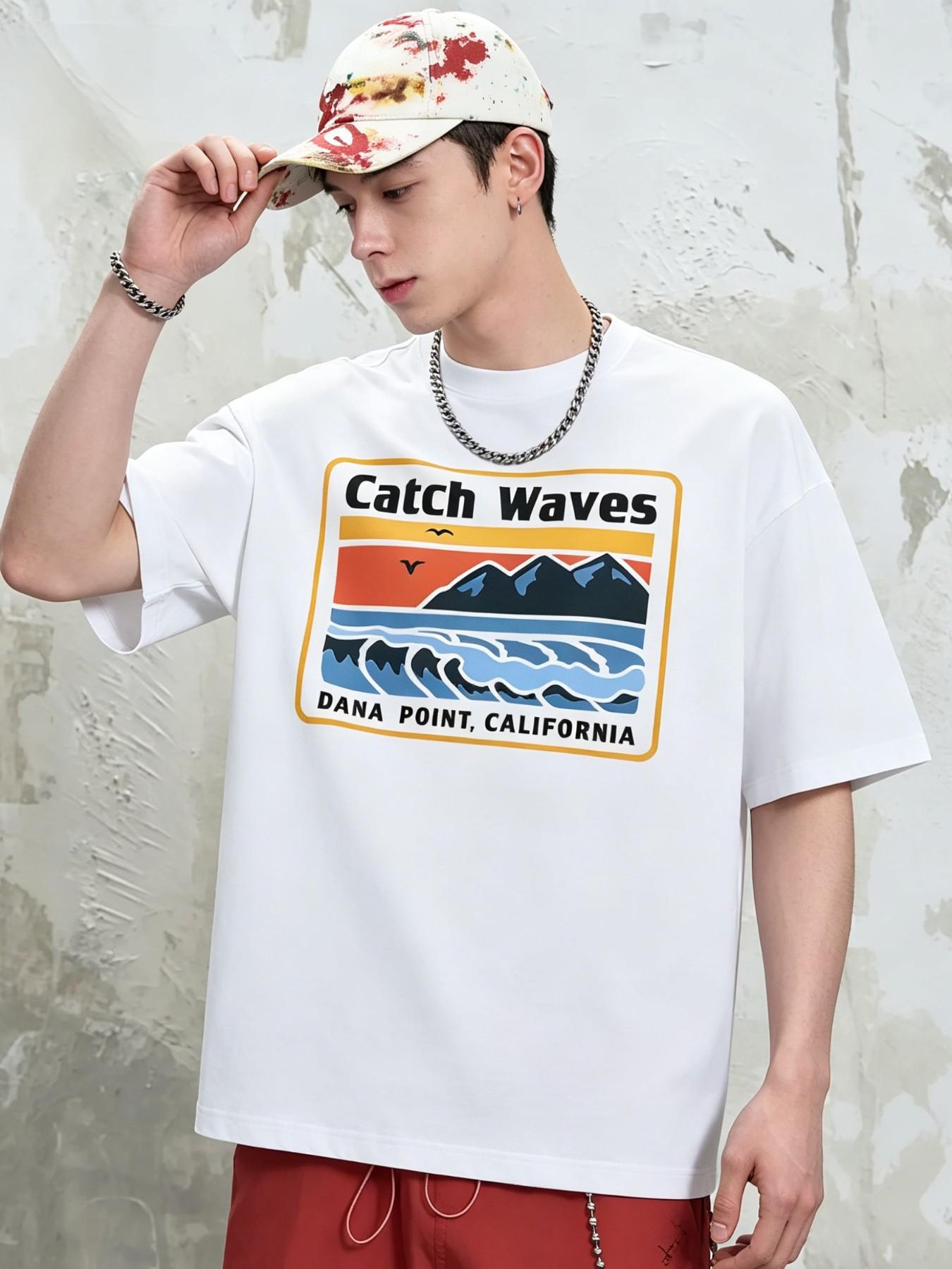 Men's Catch Waves Surfing Style Cotton T-Shirt, Loose Fit Short Sleeve Top, American Vintage Design, Long Clothing Length