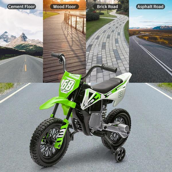 【Spring Glow Up】GARVEE 12V Electric Dirt Bike for Young Riders, Featuring Dual 25W Motors, Twist Grip Throttle, Spring Suspension, and Training Wheels. Available in Four Colors. Ideal Ride-On Toy for Outdoor Fun.