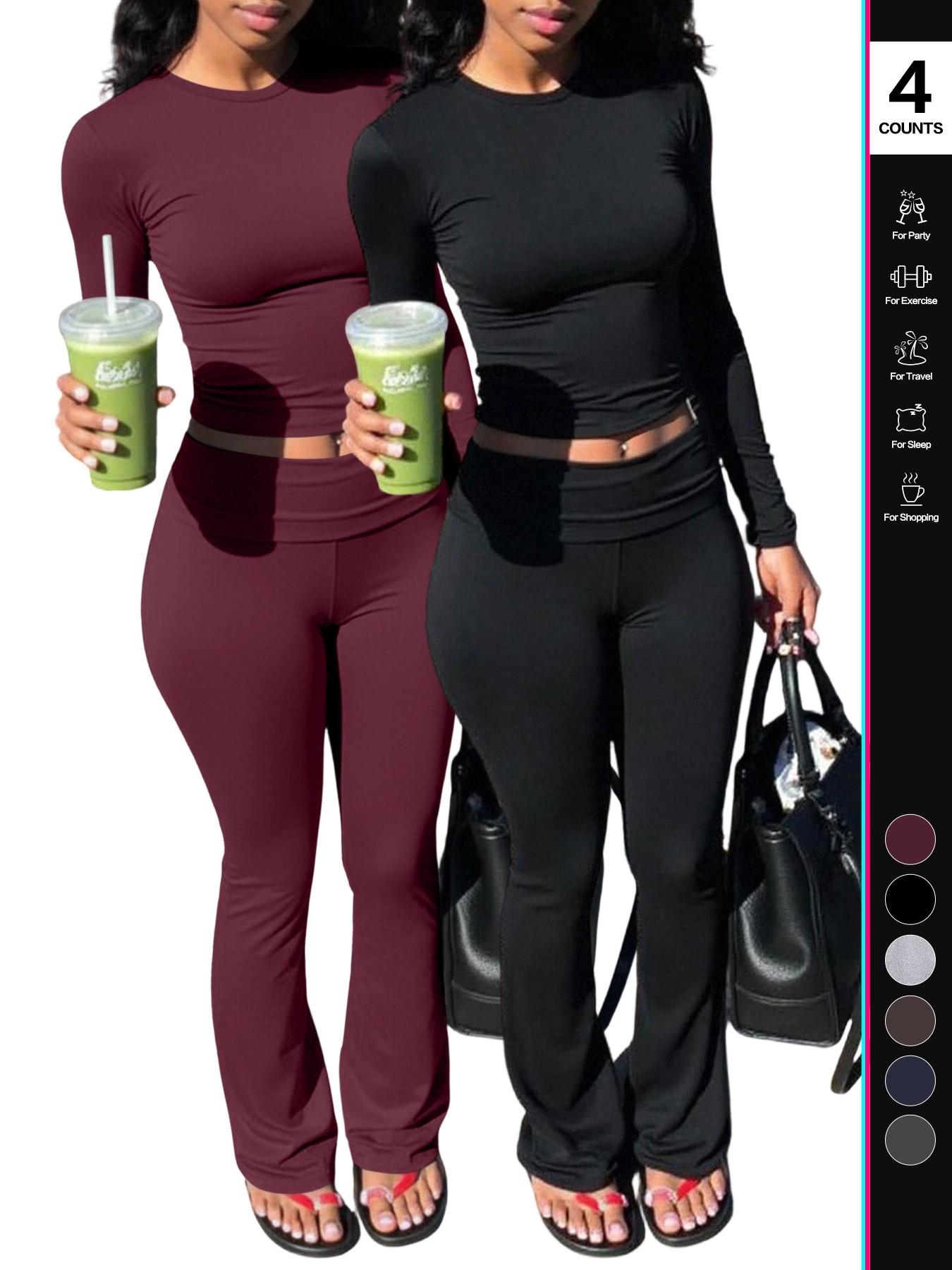 Women's 2 Piece, Foldover Flare Pants & Long Sleeve Crew Neck T-Shirt, Fitted Pajama Sets, Casual Comfortable Sleepwear