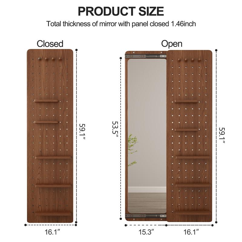 【School】Pegboard Mirror, 100% Solid Wood - No MDF, Mirror with Shelf & Hooks, Rustic Wall-Mounted Mirror with Multifunctional Panel for Bedroom, Living Room, Entryway