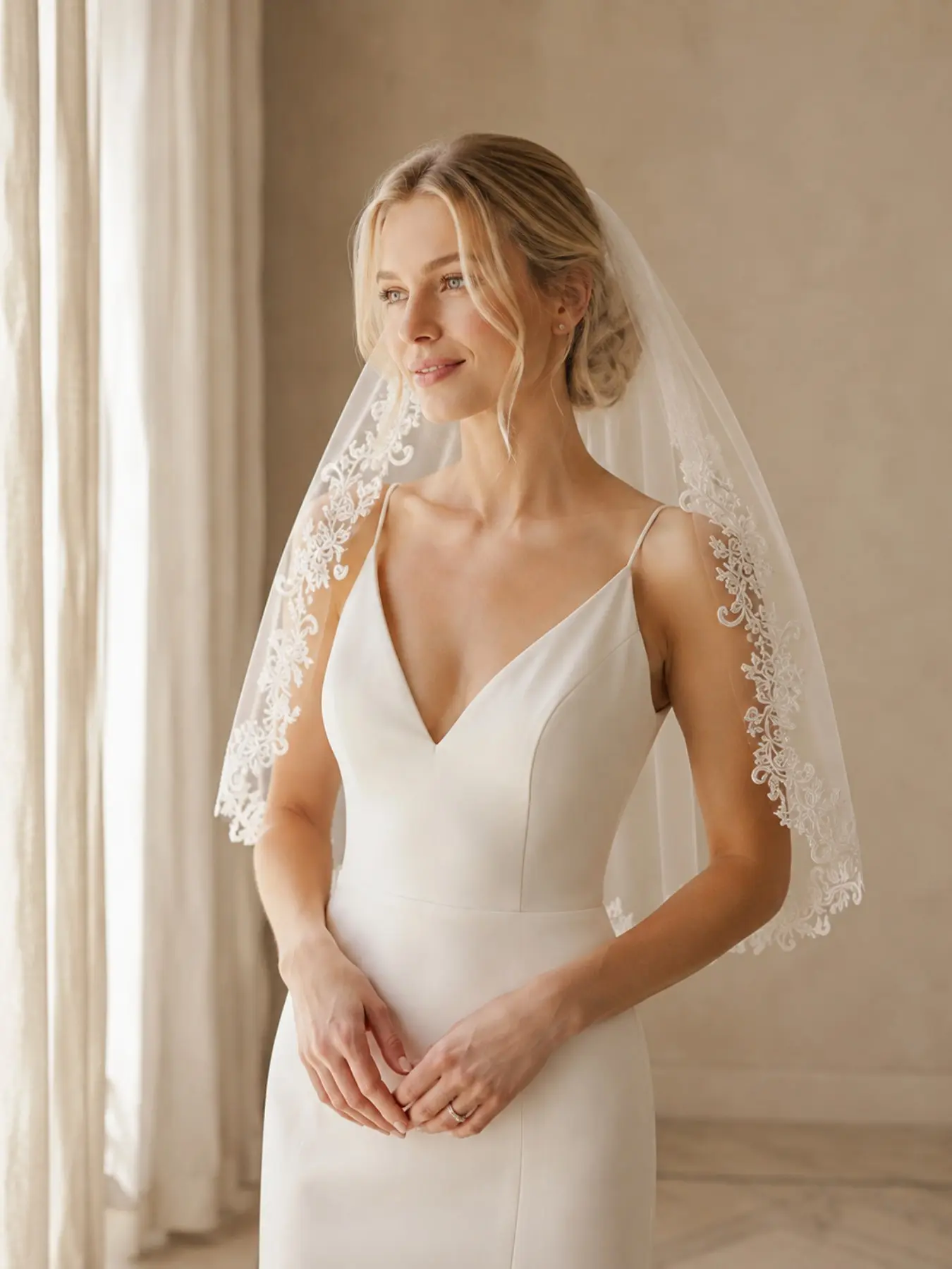 An elegant 75cm bridal veil featuring romantic lace detailing. Crafted from lightweight, single-layer tulle and adorned with embroidered lace, it is the perfect accessory for a wedding gown.