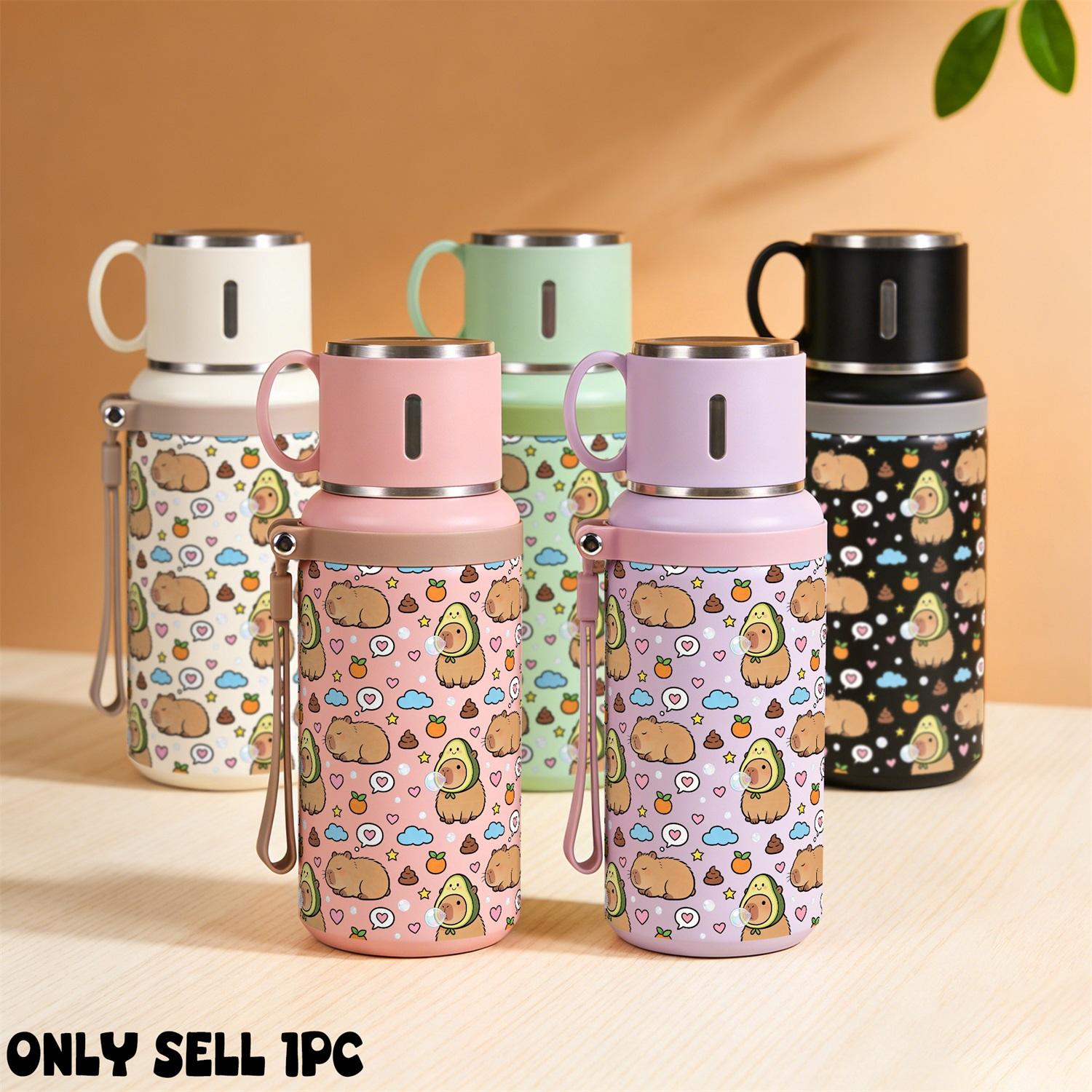 1PC, 20oz Insulated Stainless Steel Water Bottle, Vacuum Flask with Cup Lid That Doubles as Handle Cup, Double Wall Insulated Travel Mug, Portable for Camping, Hiking, School & Office, Cute Capybara Pattern, Ideal