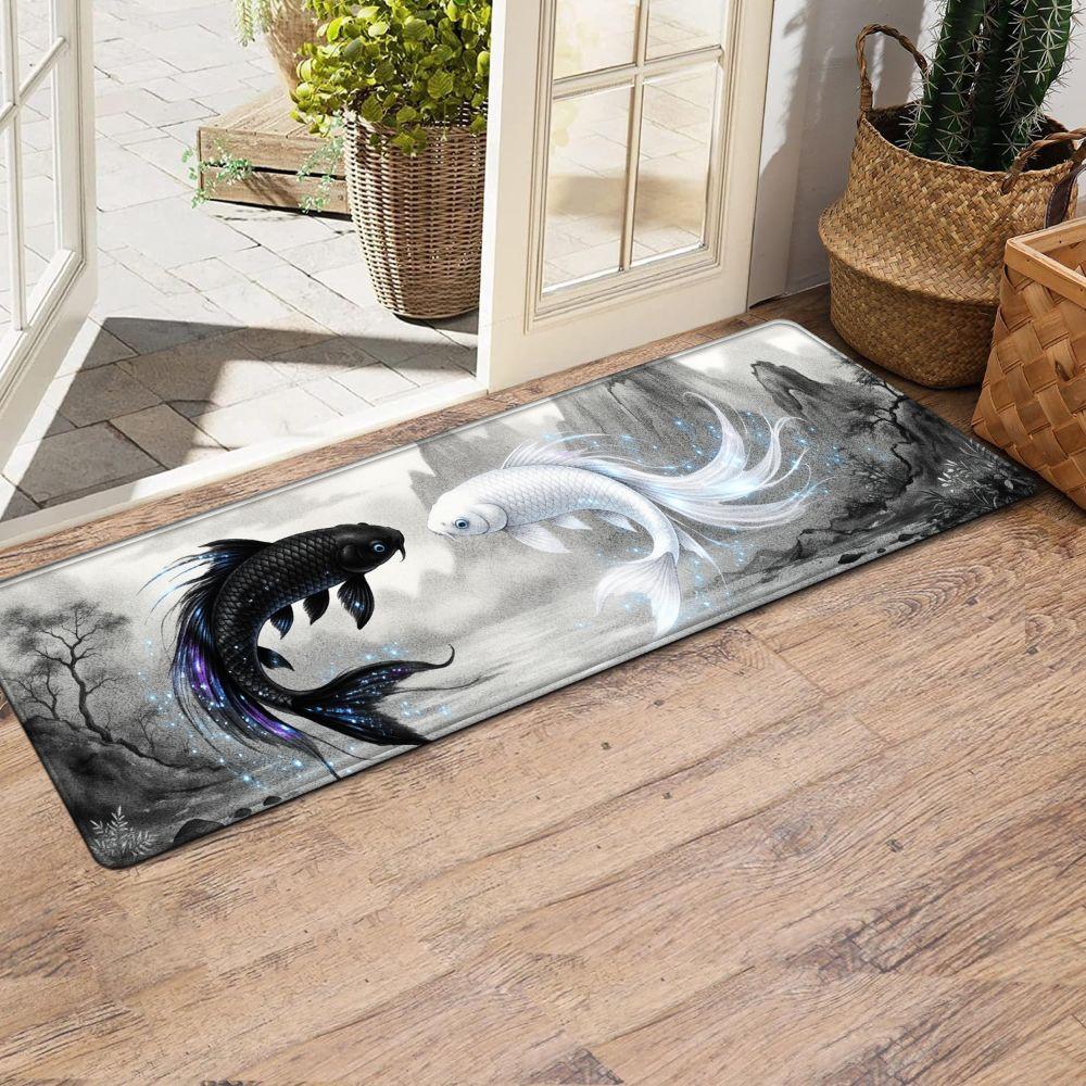 1PC， Black and White Double Fish in Ink - Wash Style Patterned strip rugs, home décor, bathroom mats, entryway mats, bathroom non-slip mats, indoor entrance rugs, bedroom bedside mats, kitchen mats, hallway rugs, flannel sponge rugs, hallway runner rugs