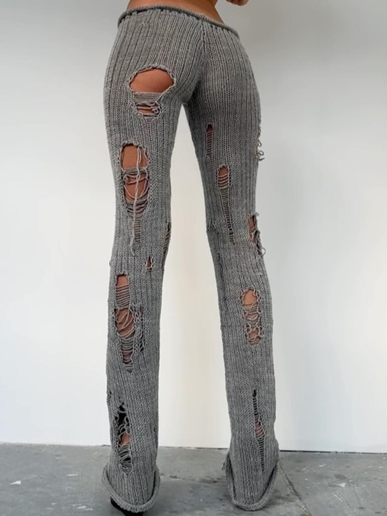 Women's Plain Slim-Fitting Ripped Knit Long Pants, Sexy Street Style Drop Waist Elastic Waist, Fashion Creative Hollow Out Design, Womenswear