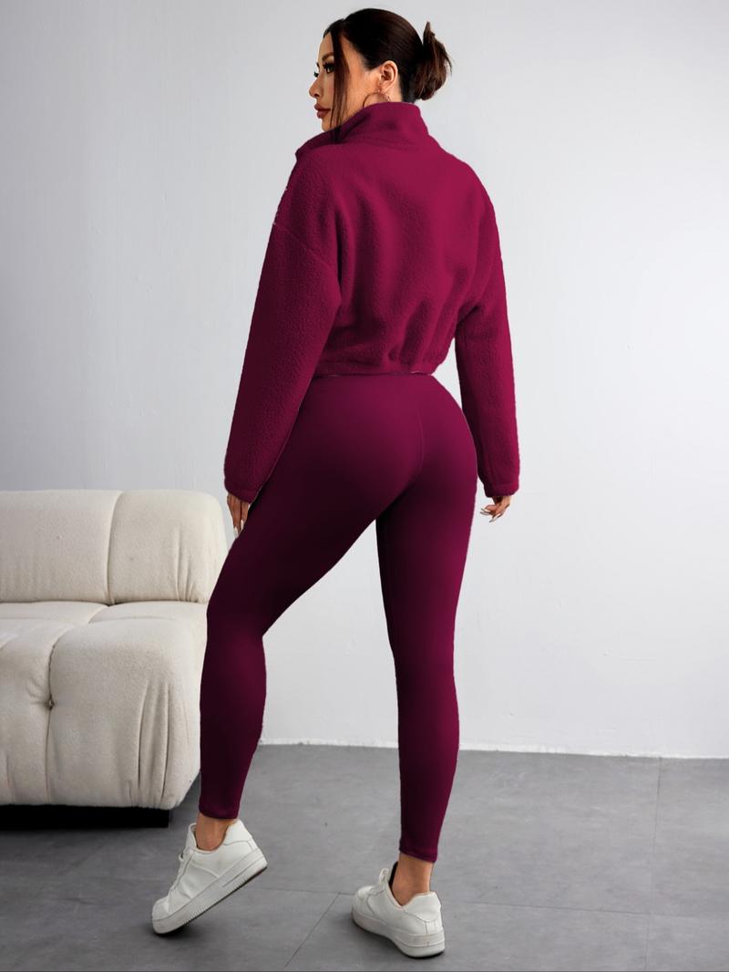 Women's Solid Zip Up Crop Pullover & Tank Top & Legging Three-piece Set, Casual Sporty Outfits for Yoga Gym Workout Running, Women's Sportswear for Fall & Winter, Yoga Tracksuit Set