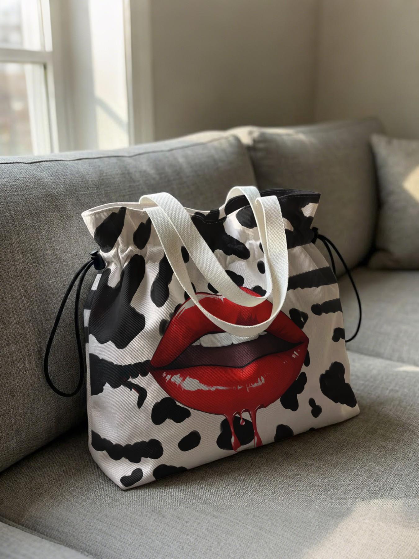 Lips Pattern 2D Printed Drawstring Tote Bag, Large Capacity Shopping Bag, Durable and Wear-Resistant, Casual Style for Work/promenade/lunch