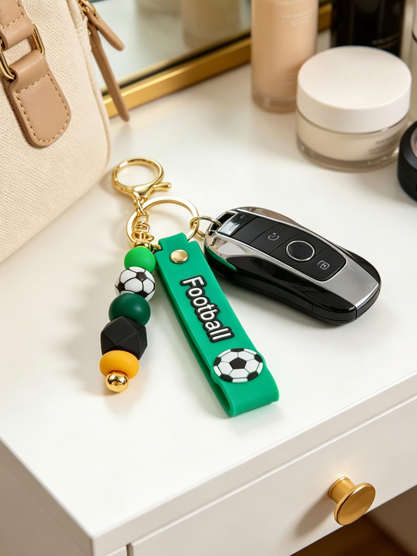 Trendy Soccer Beaded Keychain with Wrist Strap, Perfect Gift for Football Lovers, Silicone Beaded Keychain, Sports Style Soccer Bag Charm