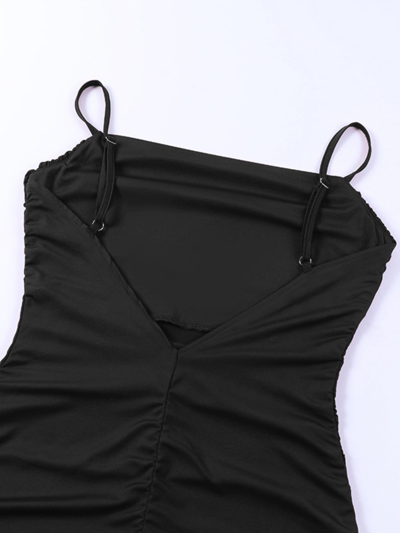 Women's Solid Backless Ruched Bodycon Dress, Fashion Casual Spaghetti Strap Cami Dress for Daily Outdoor Wear, Ladies Clothes for All Seasons
