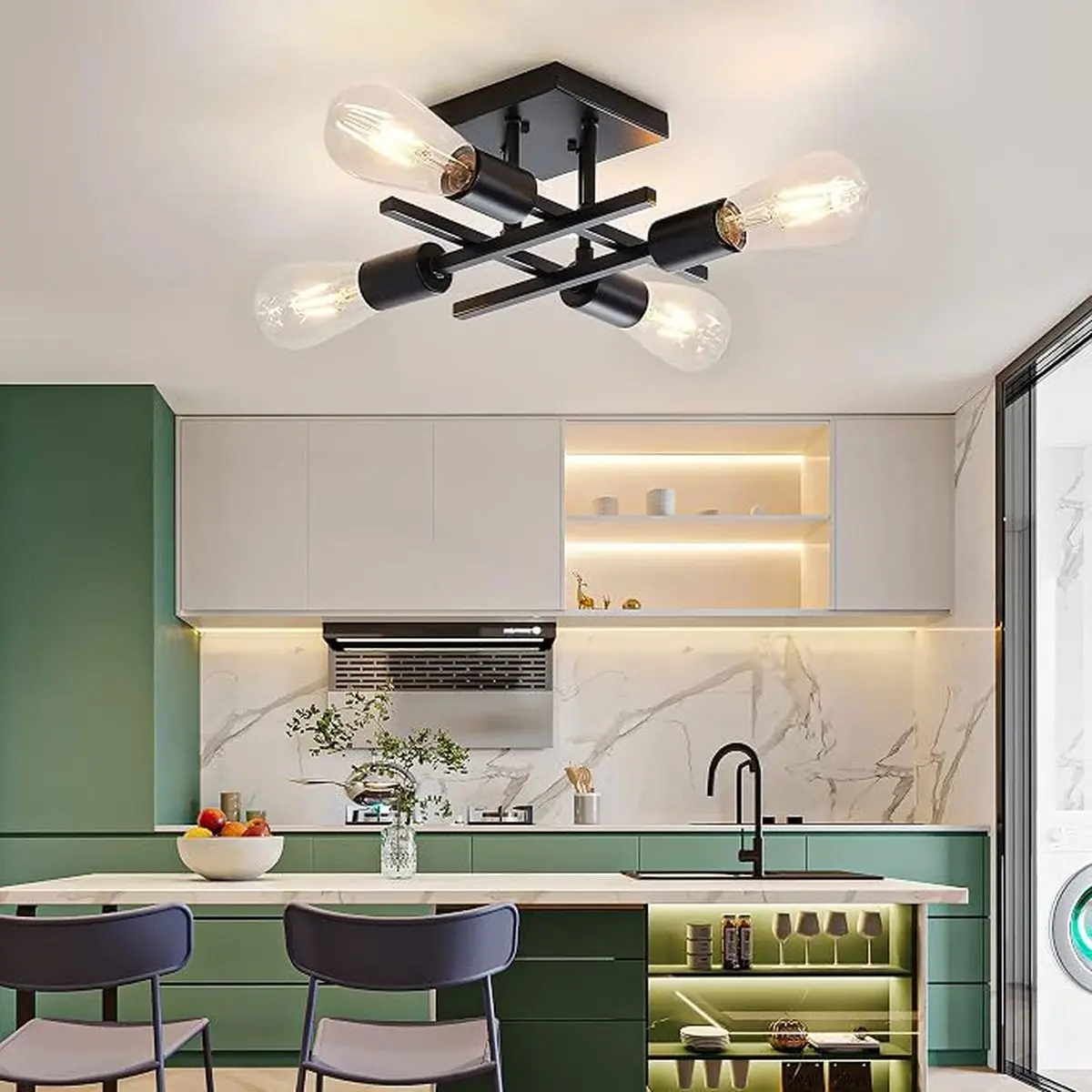 Black 4-Light Molecular Ceiling Fixture, Modern Industrial Sputnik Ceiling Light with E26 Base, Stylish Metal Lighting for Living Room, Bedroom, Kitchen, Dining Room, Hallway & Home Decor, Bulbs Not Included