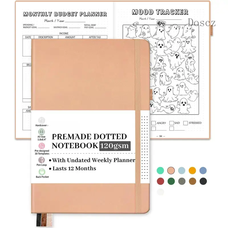 A5 Size Hardcover Leather Dotted Journal Notebook - Undated Weekly & Monthly Planners, 12-Month Organization, Premade Dot Grid for Office Stationery & Personal Organisation Needs
