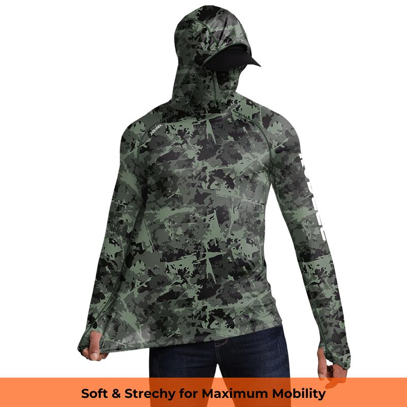 【RODEEL】934 Sun Hoodie Shirts w/ UV Detection Mask Neck Gaiter Thumbhole Men UPF 100+ Sun Protection Long Sleeve Lightweight Quick Dry Moisture Wicking Breathable Cooling Athletic Activewear for Outdoor Sports Fishing Construction Roofing, Holiday Gift