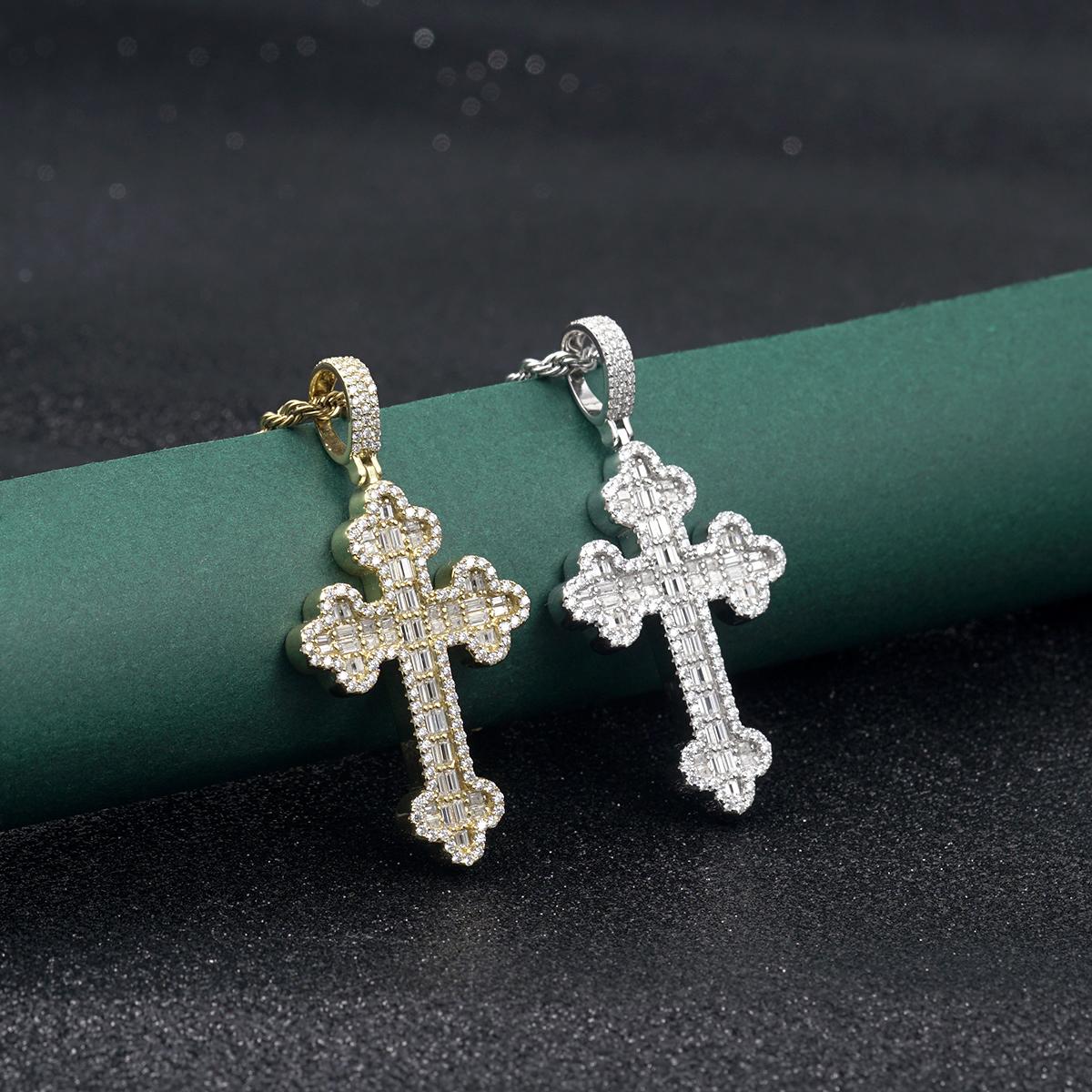 Delzzad Cross Pendant VVS Micro Pave Baguette Synthetic Moissanite S925 Crossnecklace Unisex Necklace Jewelry Wedding Anniversary Engagement Christmas Gift for Men Women