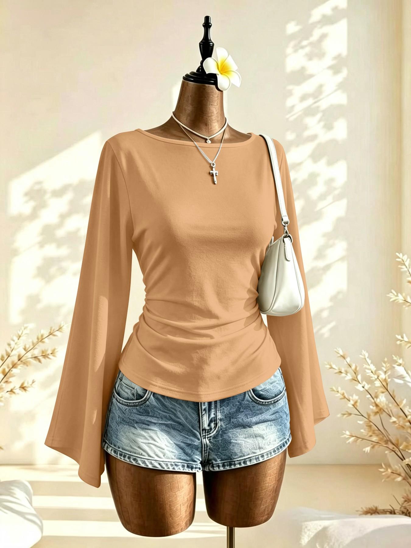 French Lazy Style Plain Color One-Shoulder Bell Sleeve Top, Side Pleat Waist Slimming Commuter Shirt, Choose 1/2 Pieces