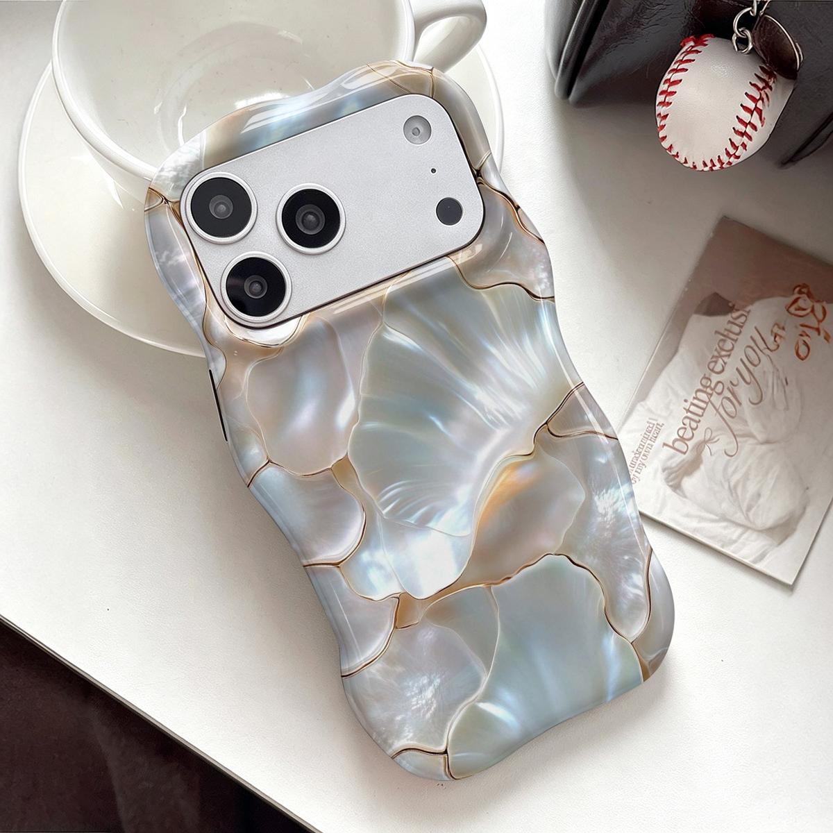 Shockproof Protective Smartphone Case for 6.1-6.7" Phones, Dual PC+TPU Blend with 2D Pearl Shell Ginkgo Leaf Golden Line Print, Marble Design, Camera Cover, Wavy Curved Raised Edges, Glossy Finish, Non-Slip, Easy Installation, Aesthetic Boost
