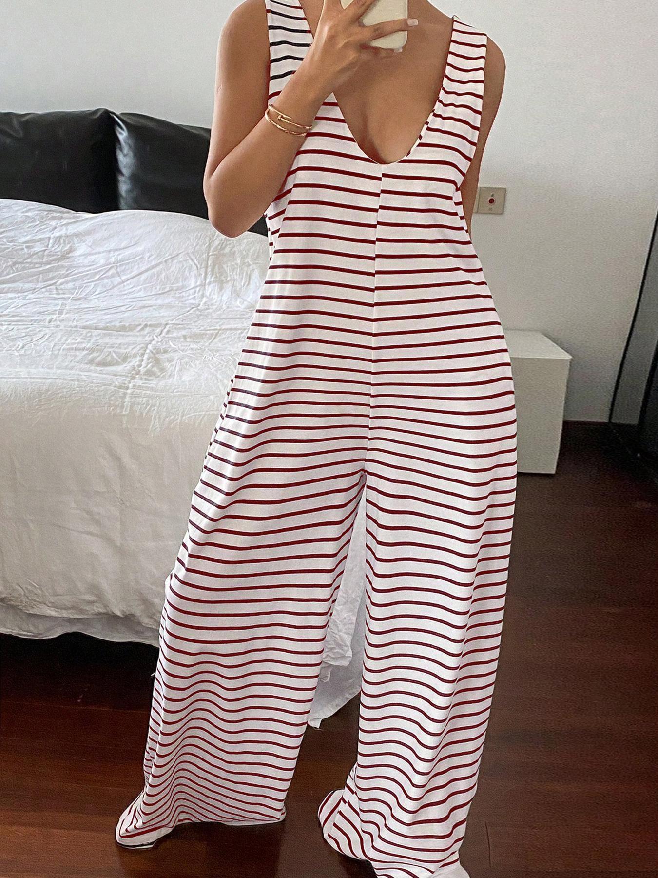 Women's Striped Sleeveless Loose Fit Jumpsuit, Casual Spring & Fall Fashion, Comfortable One-Piece for Daily Wear