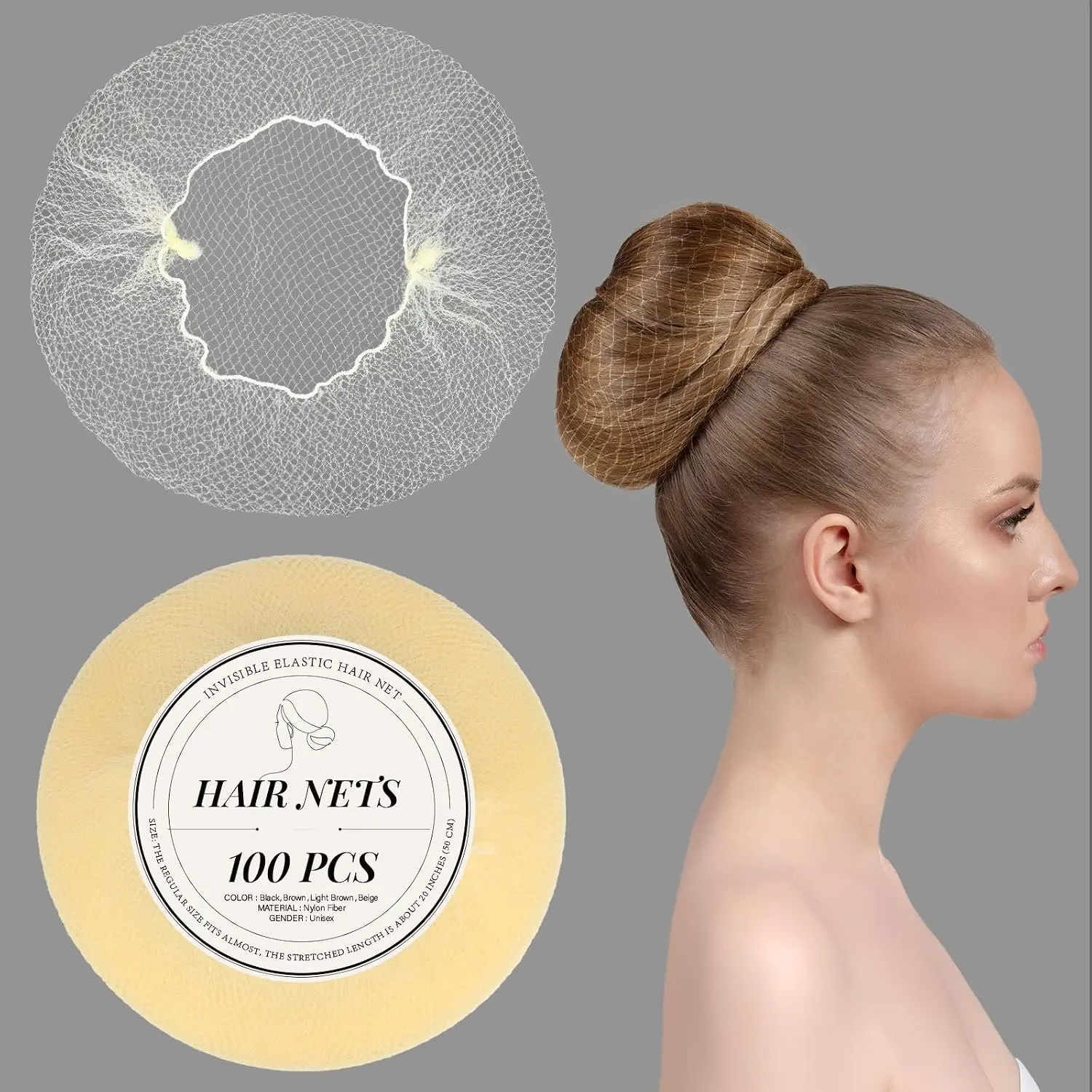 Hair Net 20 Inches 100 count Hairnets for Women, Elastic  Mesh Invisible Hair Nets for Women Sleeping,Ballet Bun, Service,Work and Wig (100Pcs,Beige)