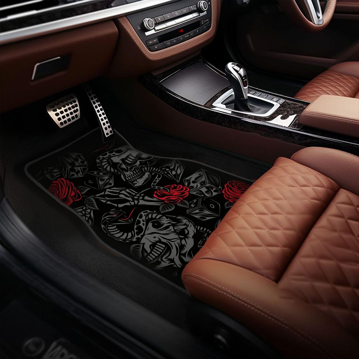 Four-Piece Retro Skull Rose Car Mats, Non-Slip Waterproof Floor Protectors, Universal Fit for Suvs and Cars, Ideal for Car Enthusiasts