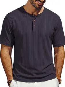Men's Pinstripe Henley Short Sleeve T-Shirt, Summer Slim Fit Stretch Henley, Casual Business Inner Wear, Trendy Layering Top