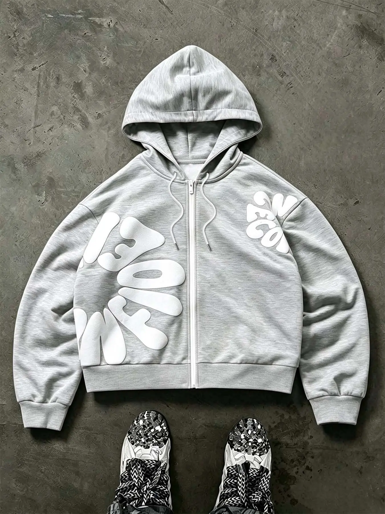 American Vintage Letter Print Zip‑Up Hoodie,Light Grey Loose Drop‑Shoulder Cropped Cardigan Jacket