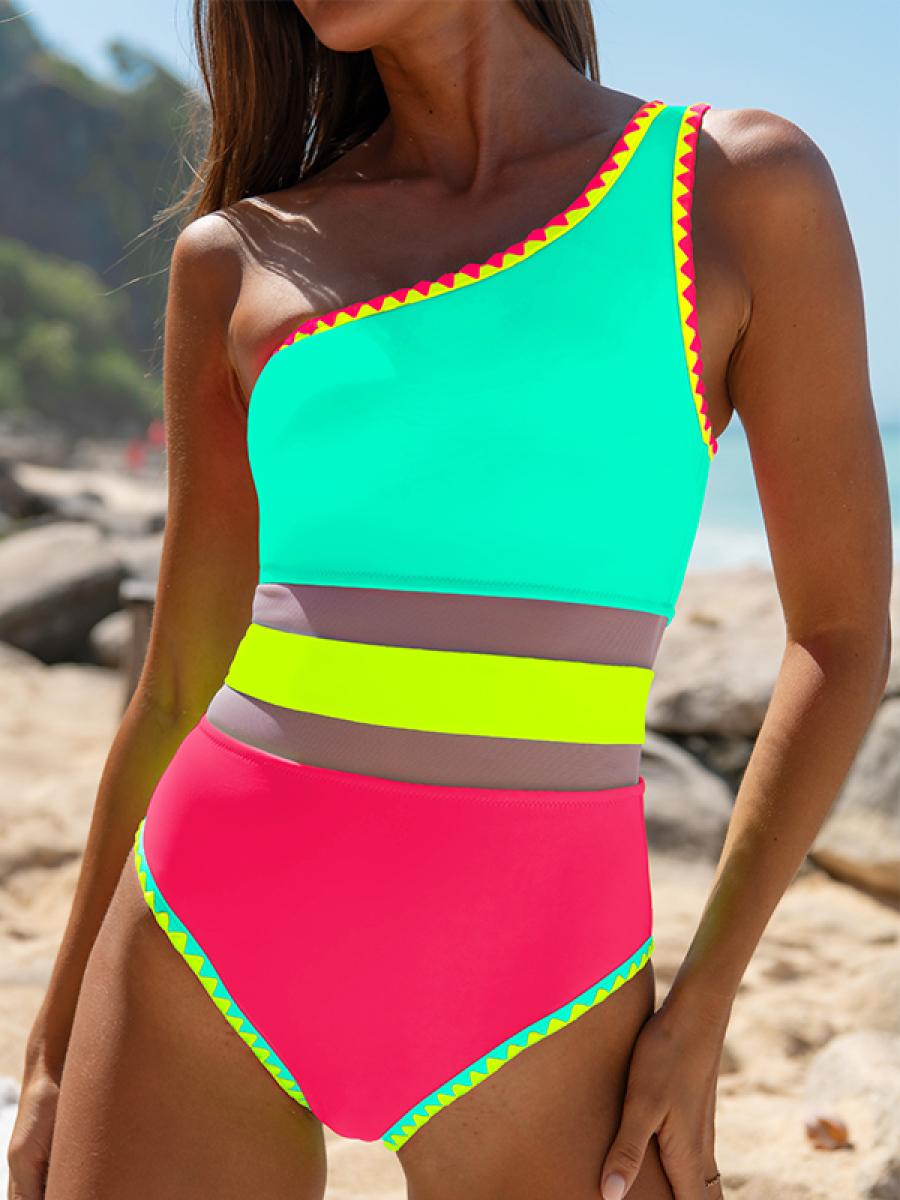 Popvil One Shoulder Mesh Patchwork Neno One Piece Swimsuit Tummy Control High Waisted Neon Swimsuit with Removable Strap for Women,Springtok