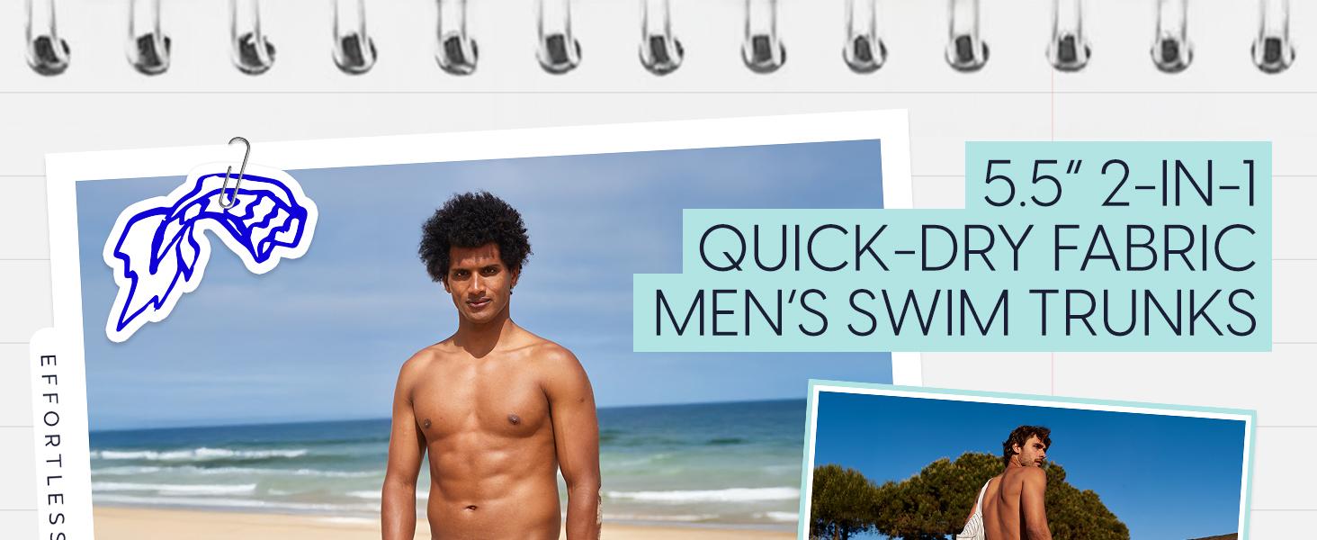 Maamgic Effortless Bald Eagle 5.5" 2 in 1 Swim Shorts for Men Elastic Waistband with Drawcord 4-way Stretch 90% Polyester 10% Spandex Blend Two Zipper Side Pockets - Menswear Elastic Menswear Mesh Polyester Soft Spandex Stretch Zipper Man Beach Clothing