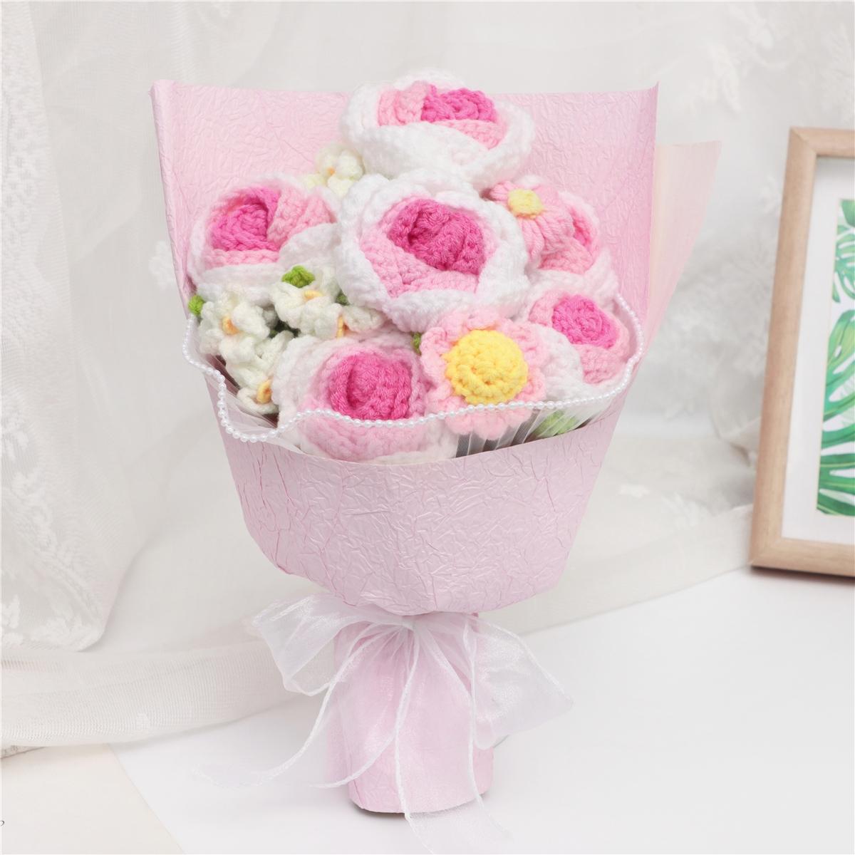 Handmade Crochet Flower Bouquet, 1 Bunch Decorative Artificial Flowers for Home Decor, Weddings, Parties & Anniversaries, Perfect Gift for Valentine’s Day, Birthday, Mother’s Day & Thanksgiving, Fake Flower