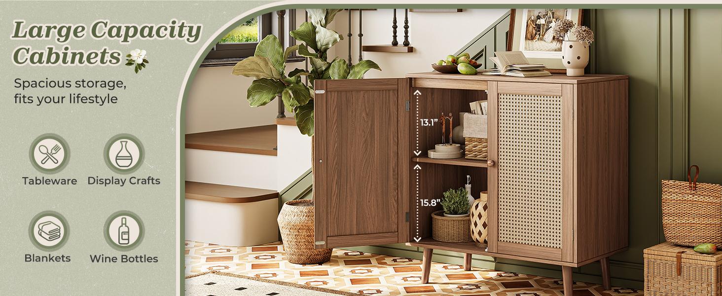 Huuger Buffet Cabinet with Storage, Storage Cabinet with PE Rattan Decor Doors, Media Console with Solid Wood Feet, Sideboard Cabinet for Hallway, Entry, Living Room