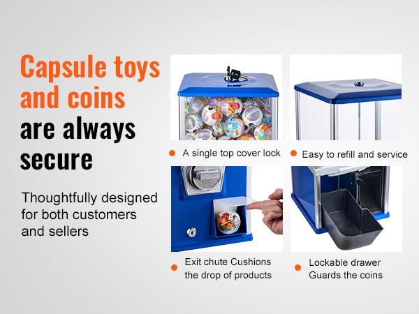 VEVOR Gumball Machine for Kids, 25 Height Home Vending Machine, PS Bouncy Balls Dispenser, Hold 230 Capsule Toys, Rectangle Bubble Gum Machine for Game Stores, Coin Operated Gumball Bank, Blue
