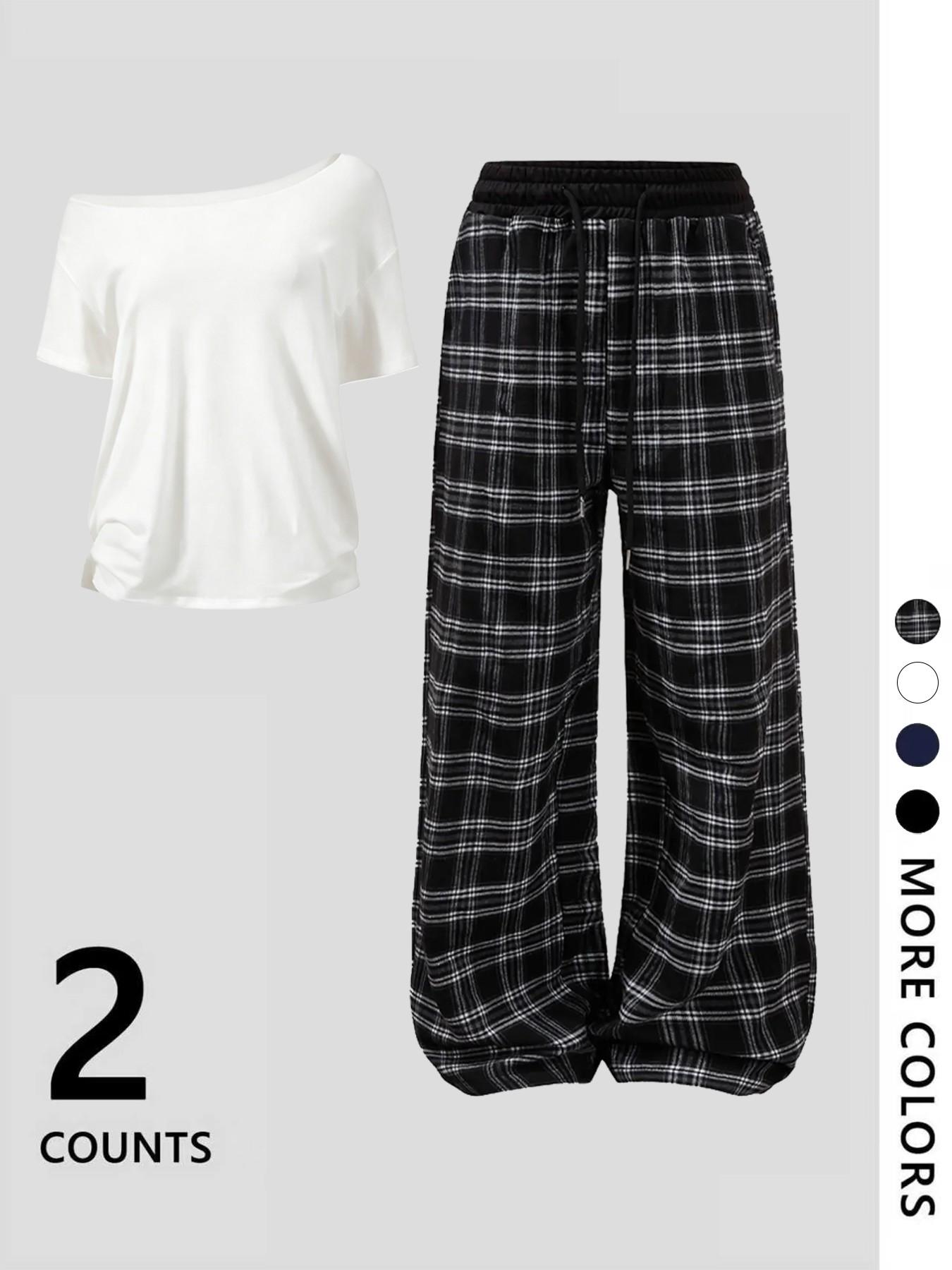Women's Off-Shoulder Loose Short Sleeve Top with Plaid Pants Pajama Set, Loungewear, Homewear, Fashionable and Comfortable, Ideal for Daily Activities and Home Wear, Matching Loungewear