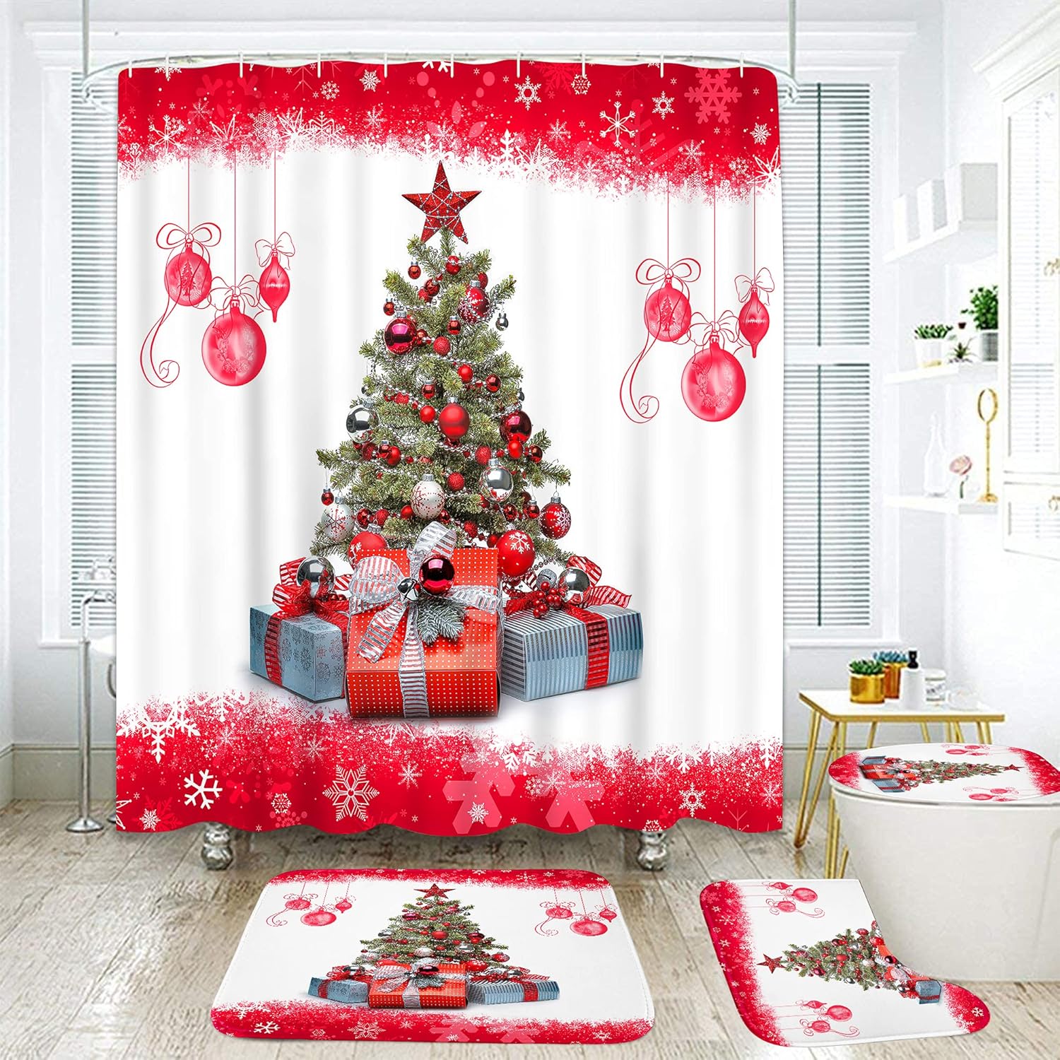 4 Pcs Shower Curtain Set Merry Christmas Happy New Year with Non-Slip Rugs Toilet Lid Cover and Bath Mat Bathroom Decor Set