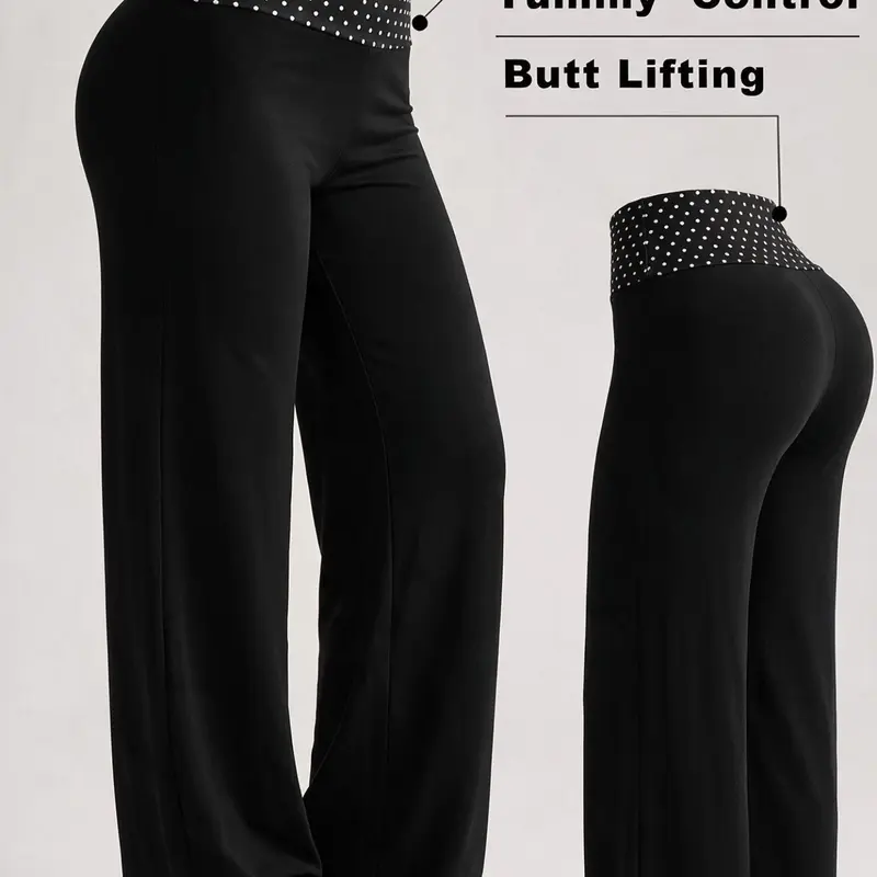 Women's Solid Waist Polka Dot Sporty Straight Leg Pants, Quick-Dry High-Waisted Stretch Running Pants, Fashionable for Gym & Daily Wear, Elastic Running Pants