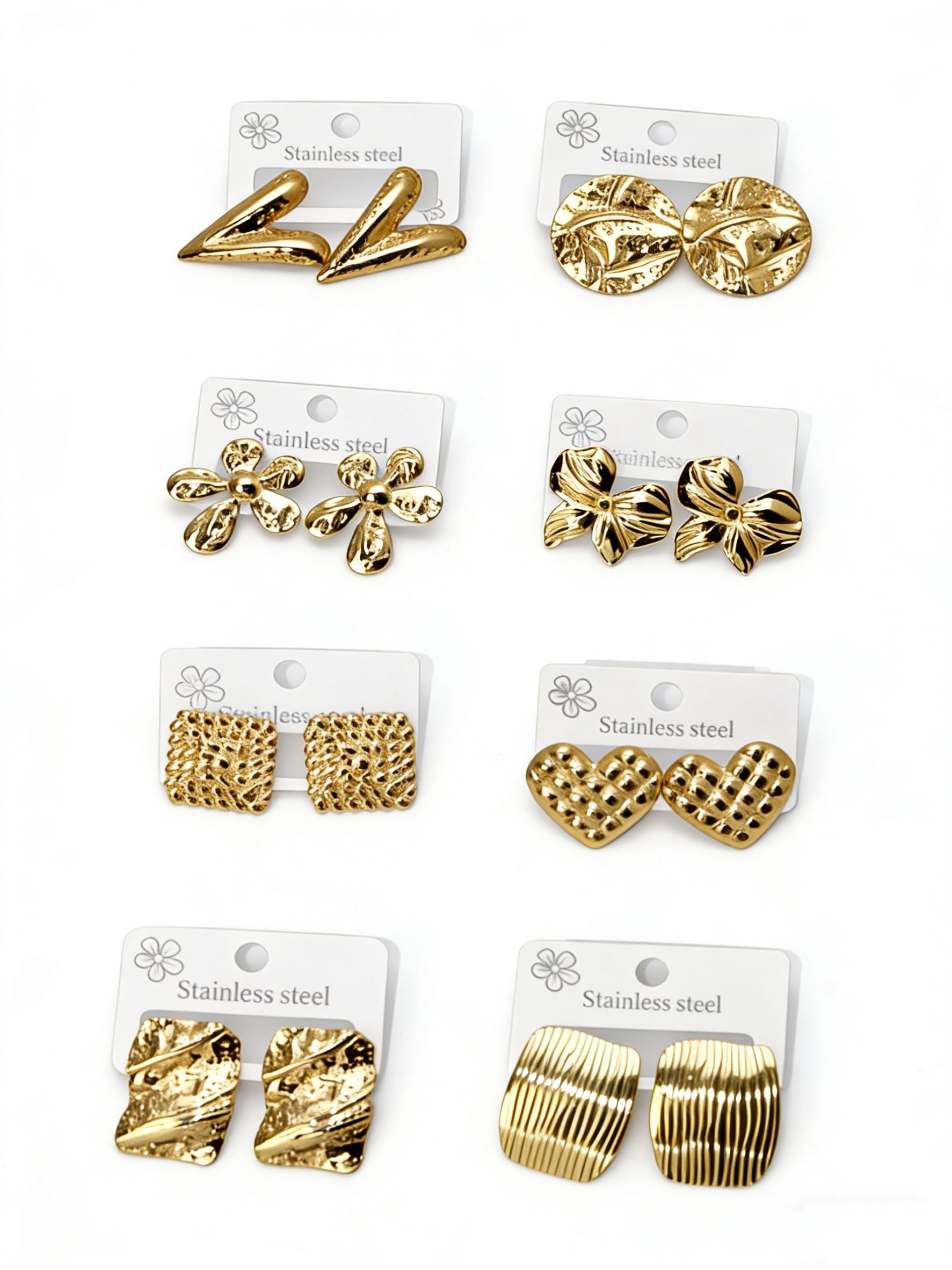 18K Gold Plated Stainless Steel Earrings for Women, Vintage Geometric Flower Heart Statement Studs, Hypoallergenic Non Tarnish Fashion Jewelry