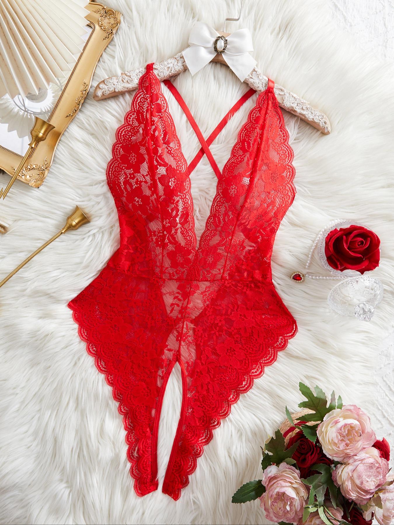 Women's Sexy Lace Backless Bodysuit, Adjustable Straps, Crisscross Design, Rhinestones Detailing, Fitted & Thin Fabric, All Season Wear