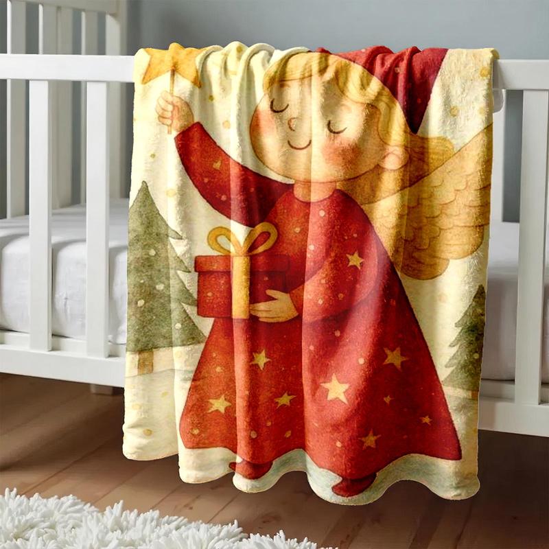 1 piece Festival Blessings Little Angel themed flannel blanket - Oversized fluffy flannel sofa blanket, suitable for beds and sofas, modern design, all-season use, digitally printed pattern, 100% polyester material, machine washable, suitable for