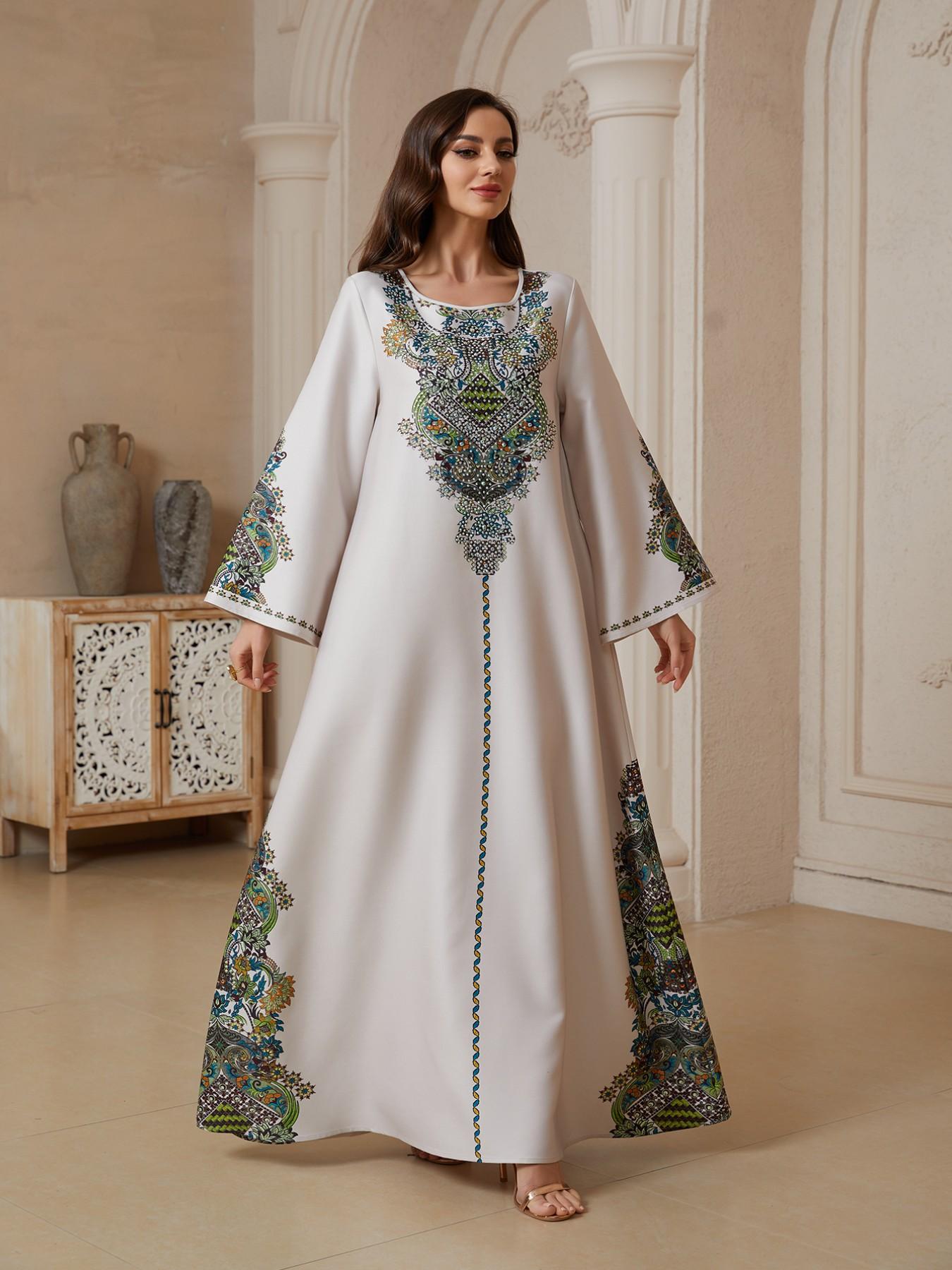 Women's Retro Totem Coconut Flower Print Robe, Dubai Style Kaftan Evening Gown, Eid Al-Fitr Festival Abaya, Traditional Middle Eastern Dress