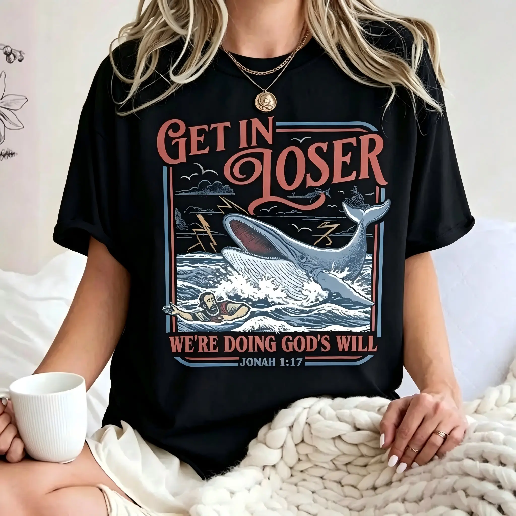 Comfort Colors Get In Loser We’re Doing God’s Will Shirt, Fun Christian Jonah and the Whale Tee, Faith Based Humor T-Shirt, Religious Gift