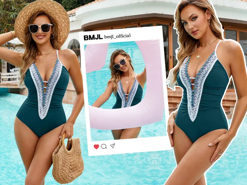 BMJL Plunge Color Block Swimwear Women's Sexy One Piece Ruched Tummy Control Swimsuit