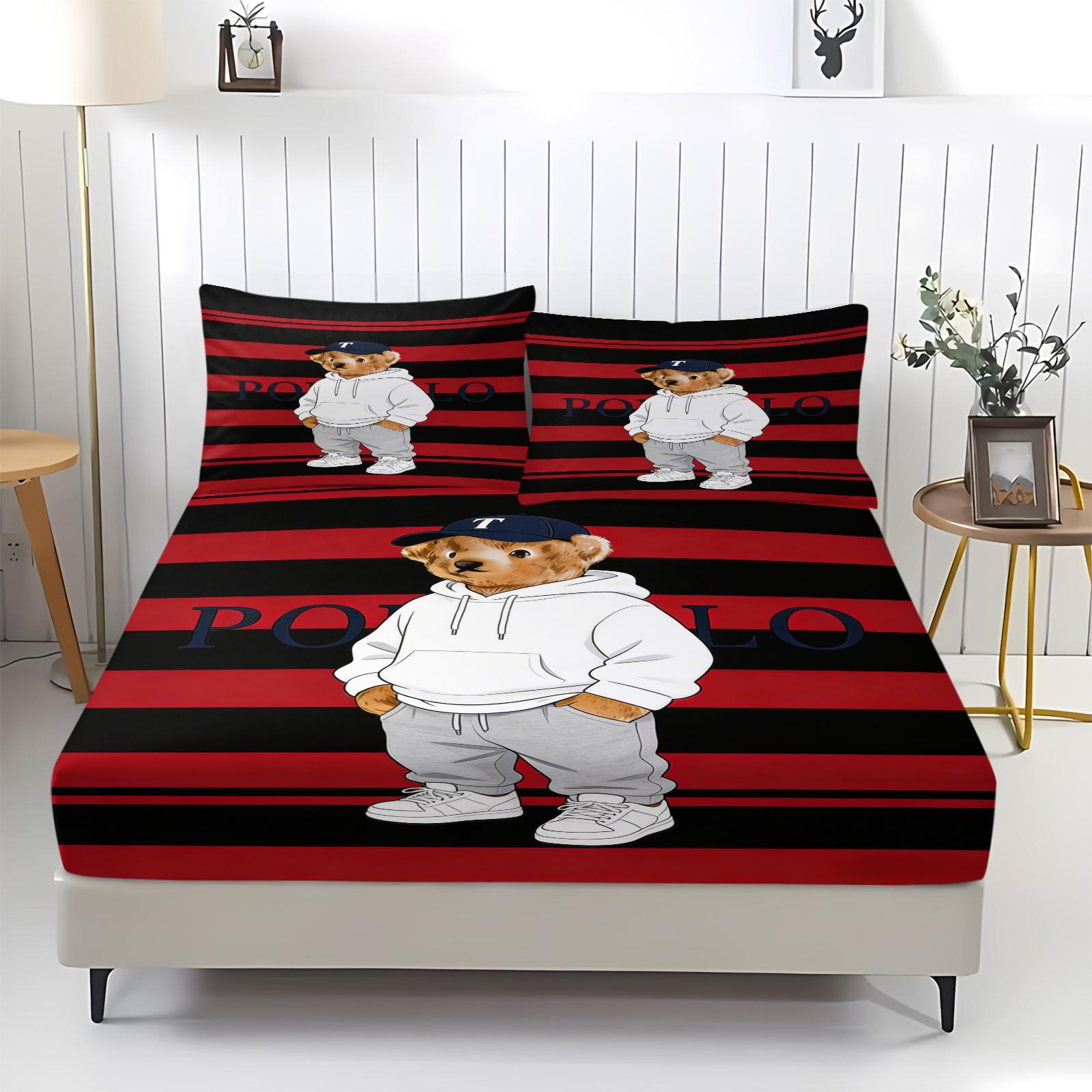 Teddy Bear Pattern Bed Sheet, Comfortable Printed Pattern, Includes 1 Bed Sheet and 2 Pillowcases, Comfortable Bedding, Non slip Dust Cover Suitable for Bedroom and Guest Room, Suitable as a Gift for Children or Adults