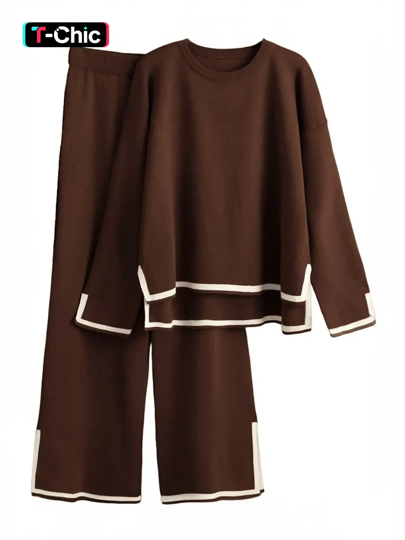Autumn Winter Minimalist Colorblock Knit Set, Loose Round Neck Split Sleeve Top, Straight Leg Ankle Pants, Casual Women's Two-Piece Clothes