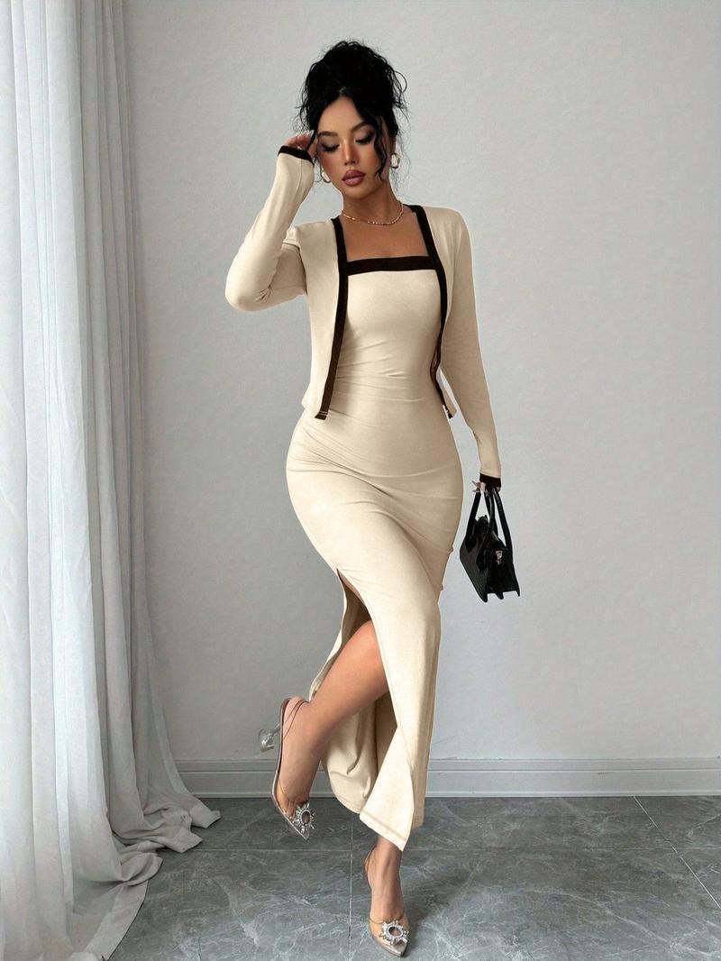 Women's Fall Winter Fashion Comfortable Colorblock Knit Cardigan & Side Slit Dress Set, Stylish Two-Piece for Ladies