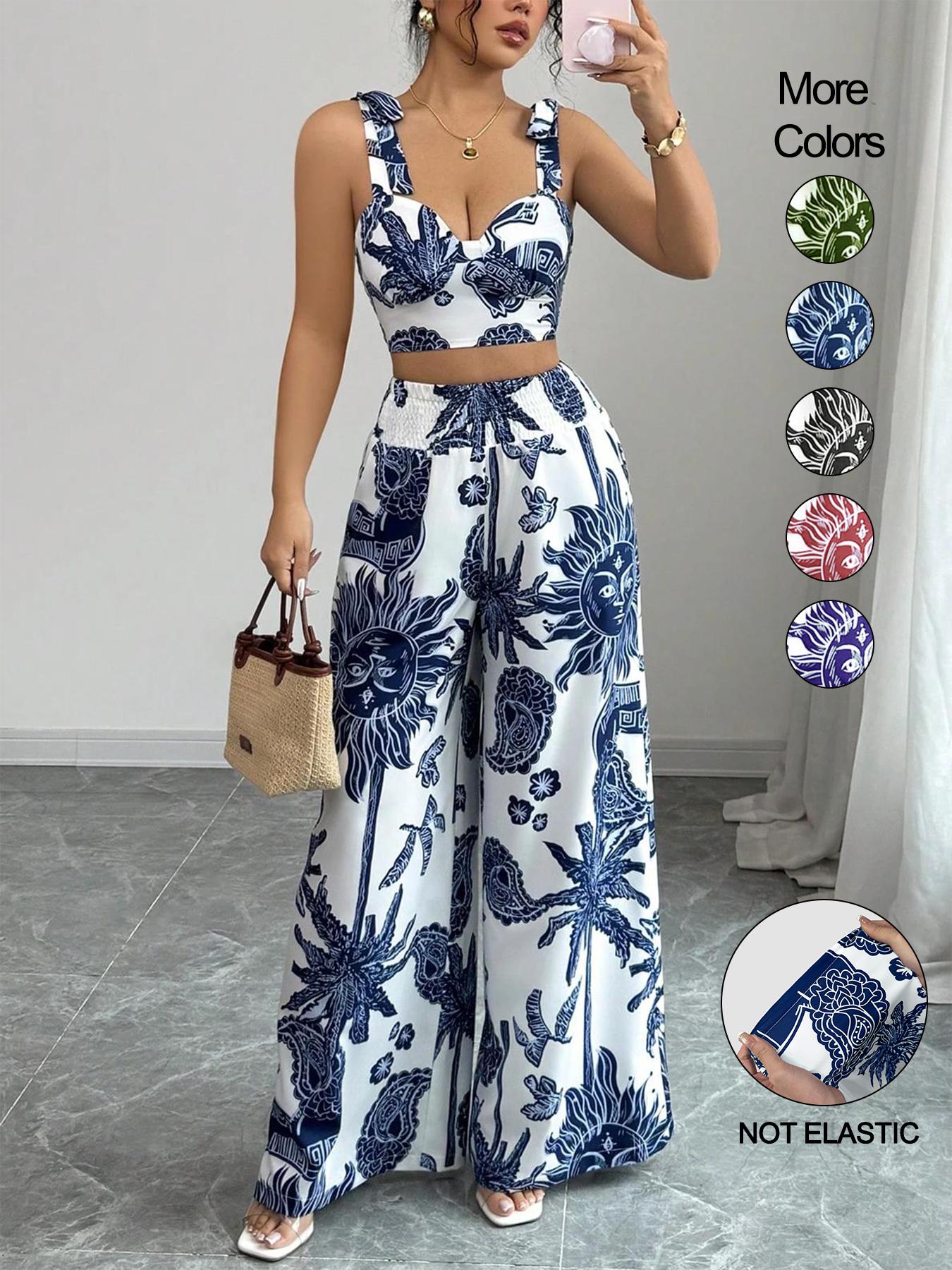 Women's Boho Style Floral Print Sleeveless Top & Belted Straight-Leg Pants Set, Casual Summer Outfit for Vacation