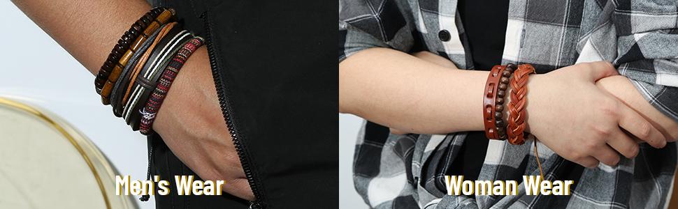 HZMAN Mix 5 Wrap Bracelets Men Women, Hemp Cords Wood Beads Ethnic Tribal Bracelets, Leather Wristbands Boho Style Jewelry Trendy Stack Bangle