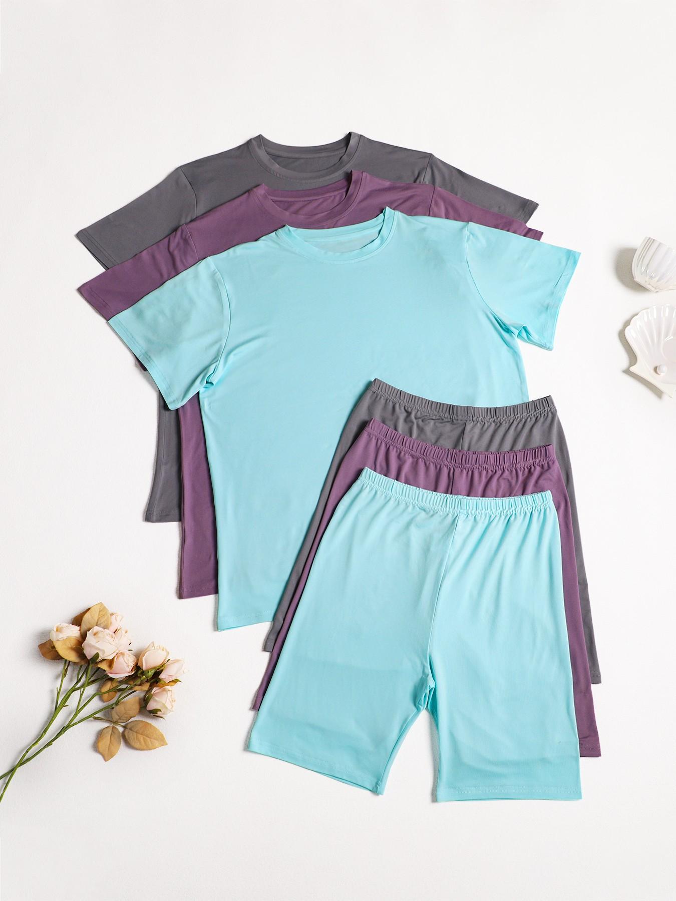 Women's Pajama Set, Short Sleeve Round Neck Slim Fit, Solid Color Sporty Sleepwear, Comfortable Home, All Seasons