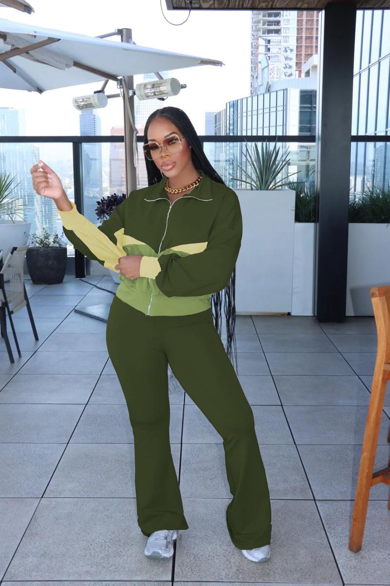 USBOUTIQUECHIC Chic Color-Contrast Zip-Front Top & Lounge Pants - Fashionable Casual Wear, Cozy Fall Matching Outfit 2-piece set woman - Clothes