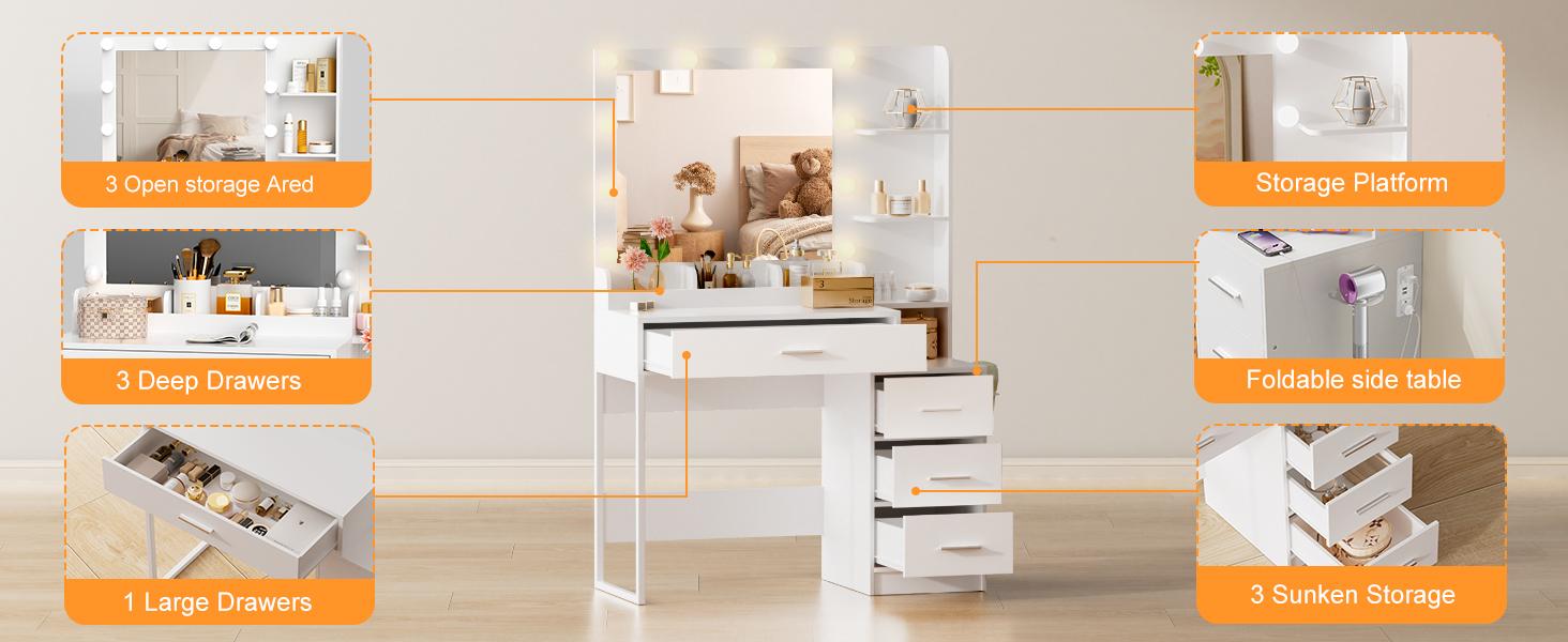Makeup Vanity Desk with Mirror & Lights | 4 Drawers & 3 Storage Shelves | Adjustable Tri-Color LED Light, Charging Station & Hair Dryer Stand Modern Furniture